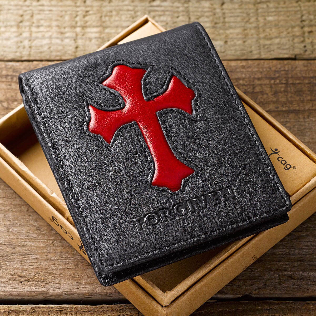 Black Genuine Leather Wallet w/Cross Inlay