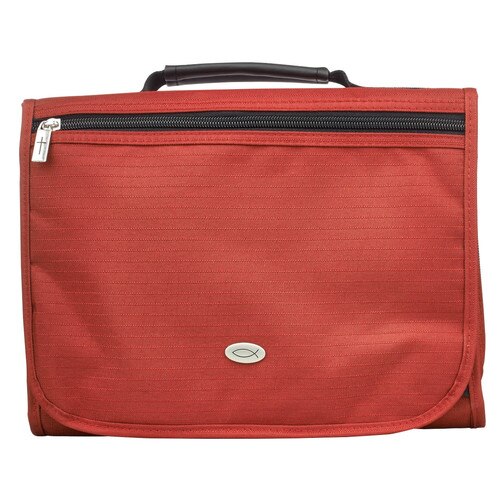 Red Polyester Trifold Organizer Bible Cover with Engraved Ichthus Badge.