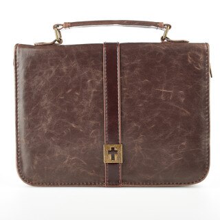 Brown Distressed Faux Leather Classic Bible Cover with Cross Badge