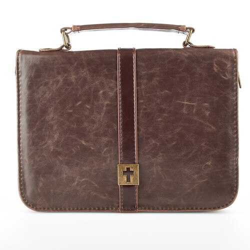 Brown Distressed Faux Leather Classic Bible Cover with Cross Badge