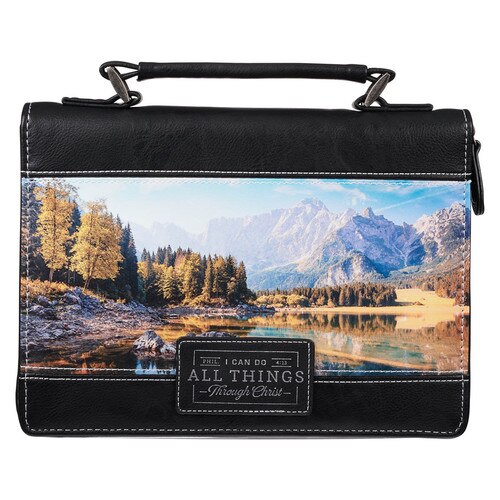 Through Christ Scenic Mountain Black Faux Leather Classic Bible Cover - Philippians 4:13