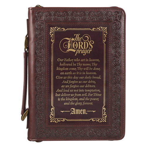 The LORDs Prayer Walnut and Burgundy Faux Leather Classic Bible Cover - Matthew 6: 9-13