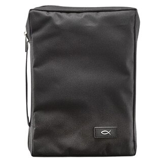 Polyester with Fish Badge in Black Bible Cover