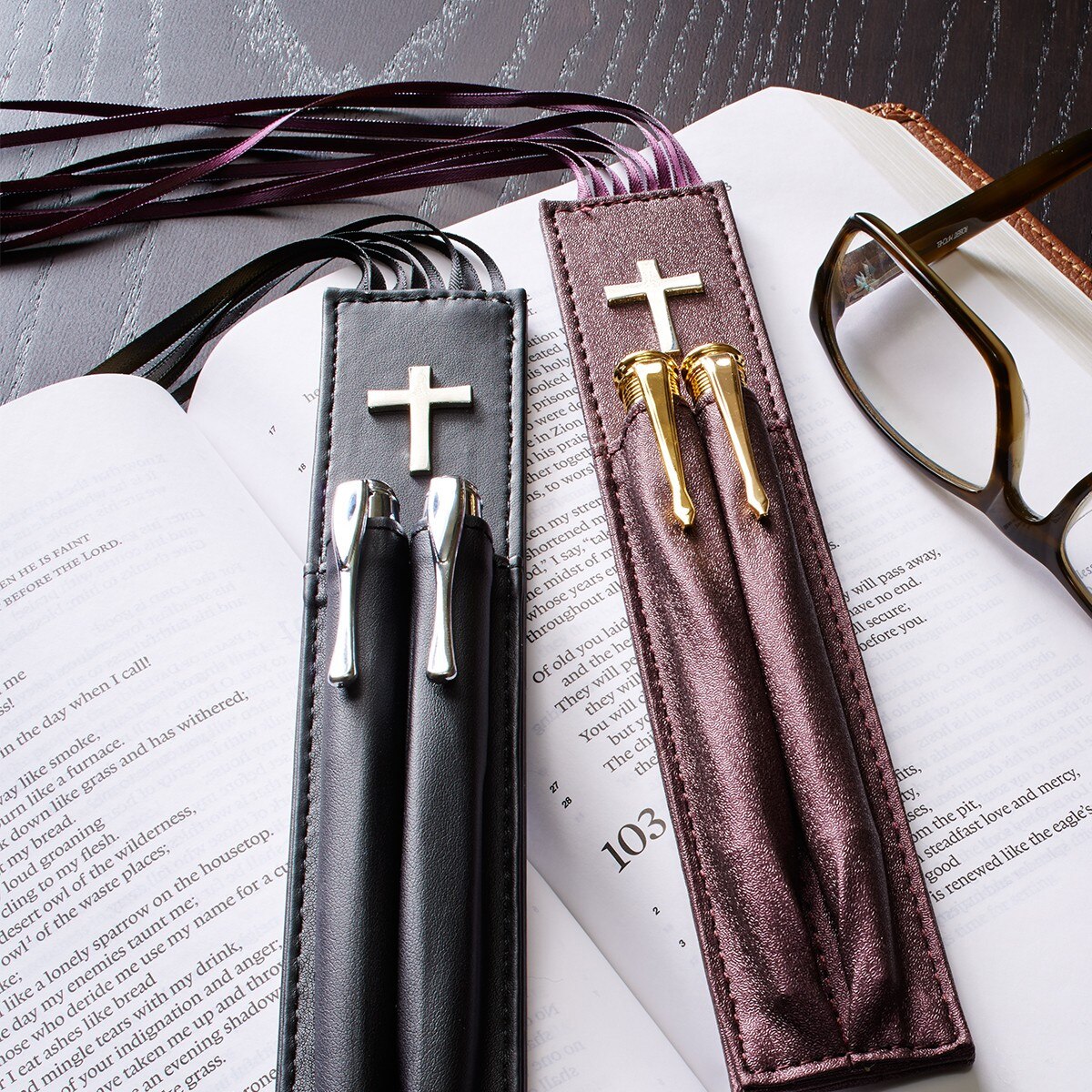 Bible Bookmark with two Pen Holders in Black