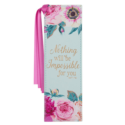 Nothing Will Be Impossible Pink Floral Faux Leather Bookmark - Matthew 17:20
