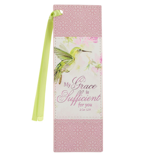 My Grace is Sufficient Hummingbird Pink Faux Leather Bookmark - 2 Corinthians 12:9