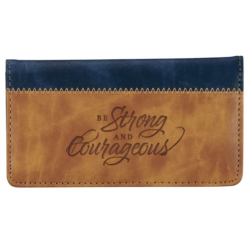 Strong and Courageous Butterscotch and Navy Faux Leather Checkbook Wallet - Joshua 1:9