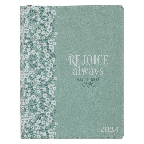 2023 Rejoice Always Large Zippered Drizzly Blue Faux Leather 18-Month Planner for Women - Psalm 118:24