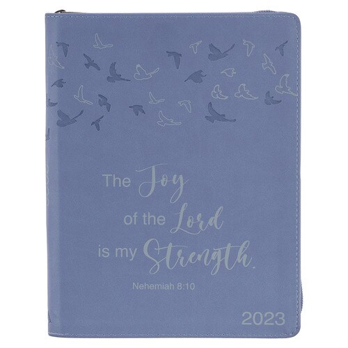 2023 Joy Large Zippered Blue Faux Leather 18-Month Planner for Women - Nehemiah 8:10