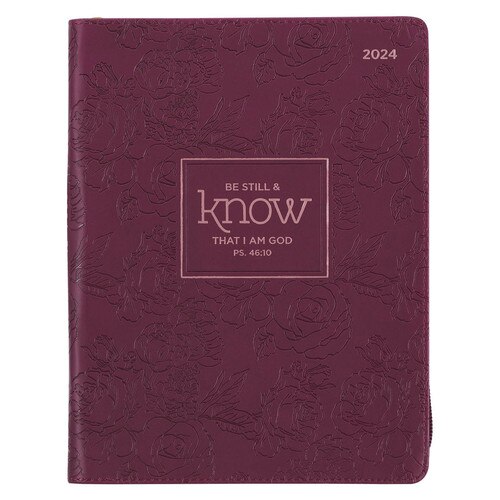 2024 Be Still Burgundy Faux Leather 18-Month Planner for Women - Psalm 46:10