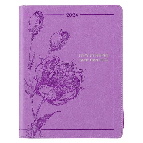 2024 New Day New Mercies Purple Faux Leather 18-Month Planner for Women - Lamentations 3:22-23