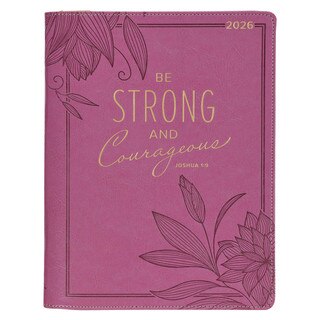 2026 Strong and Courageous Large Bright Pink Faux Leather Zippered 18-month Planner for Women - Joshua 1:9
