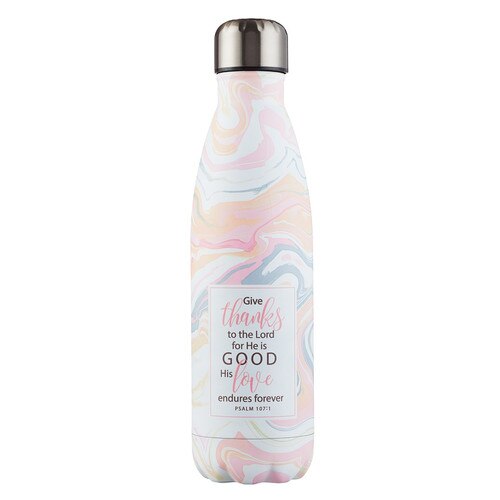 Give Thanks Marble Patterned Stainless Steel Water Bottle - Psalm 107:1
