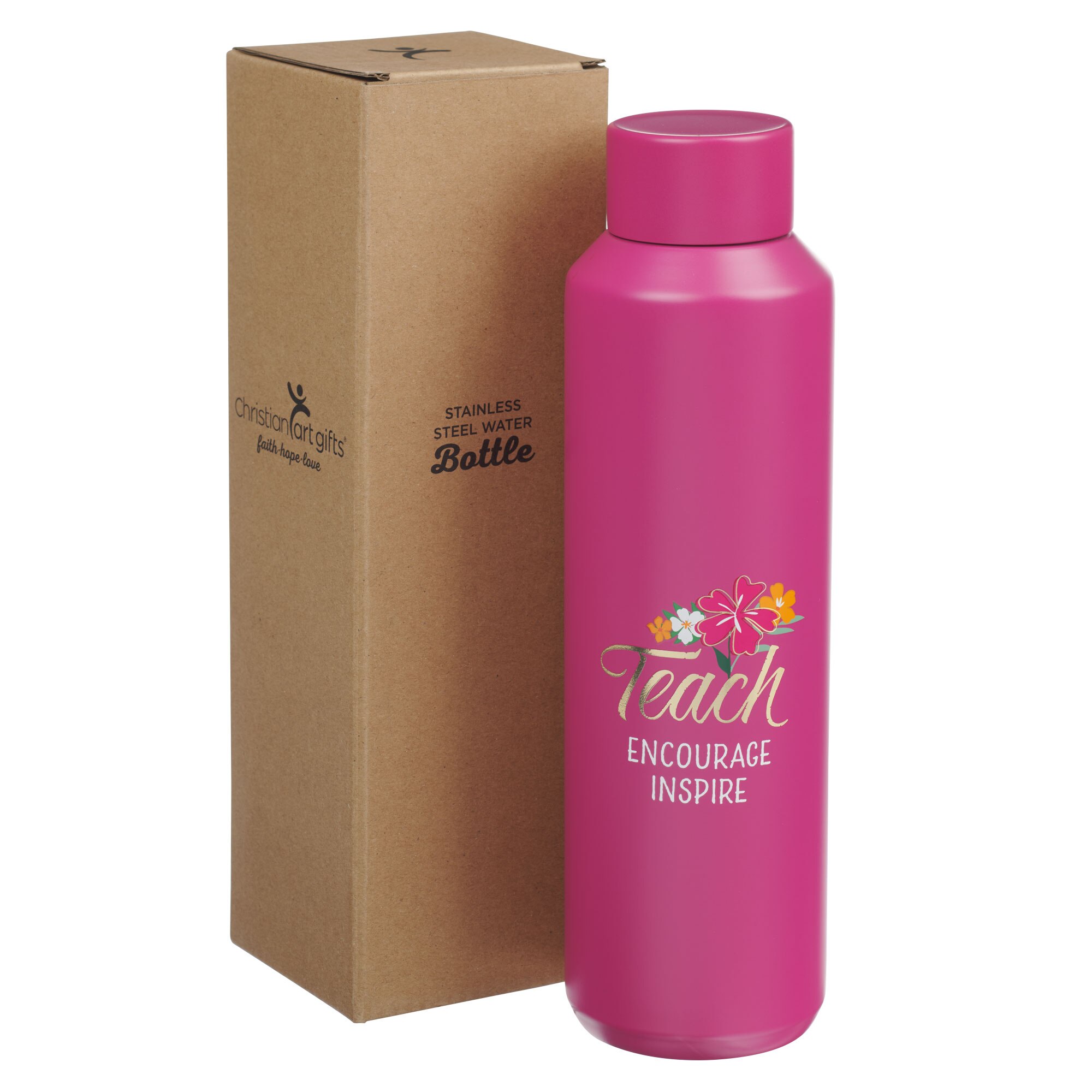 Teach, Encourage, Inspire Fuchsia Pink Stainless Steel Water Bottle