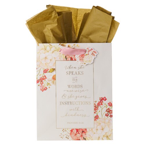 When She Speaks Medium Gift Bag in Pink with Tissue Paper - Proverbs 31:26