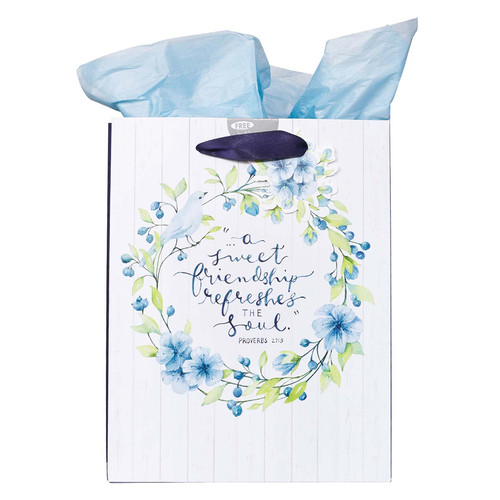 A Sweet friendship Medium Gift Bag in White and Blue with Tissue Paper - Proverbs 27:9