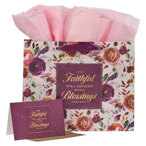 The Faithful Will Abound With Blessing Plum Rose Large Landscape Gift Bag Set with Card - Proverbs 28:20