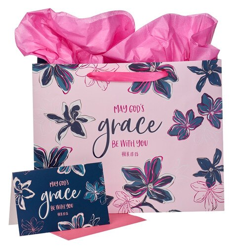 May God's Grace Be With You Blue Floral Large Landscape Gift Bag with Card - Hebrews 13:25