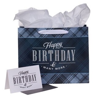 Gift Bag w/ Card LG Landscape Blue/White Happy Birthday & Many More