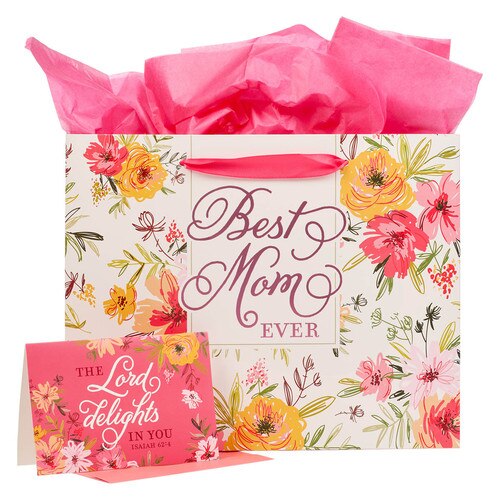 Best Mom Ever Pink Floral Large Gift Bag with Card - Isaiah 62:4