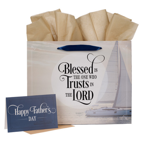 Blessed is the One Nautical Navy Large Landscape Gift Bag with Card - Jeremiah 17:7