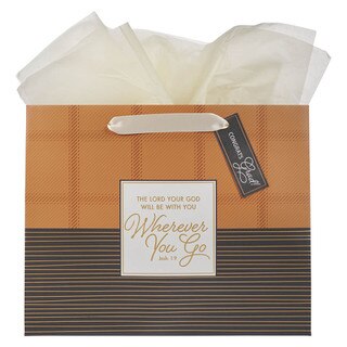 Wherever You Go Brown Striped Plaid Large Landscape Gift Bag - Joshua 1:9