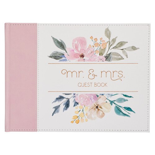 Pink Floral Mr. & Mrs. Medium Faux Leather Wedding Guest Book - 1 John 4:19