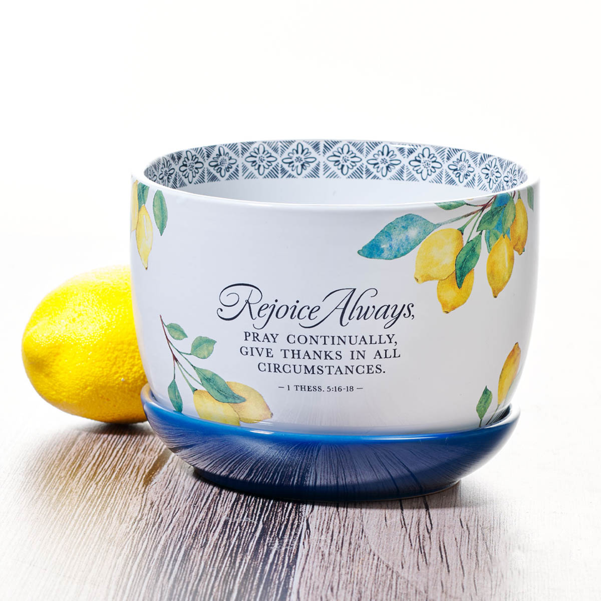 Rejoice Always Lemon Ceramic Planter with Saucer - 1 Thessalonians