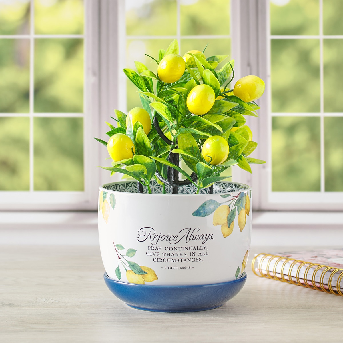 Rejoice Always Lemon Ceramic Planter with Saucer - 1 Thessalonians