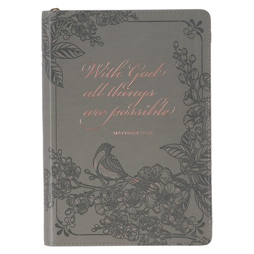 With God Sparrow Gray Faux Leather Classic Journal with Zipper Closure - Matthew 19:26