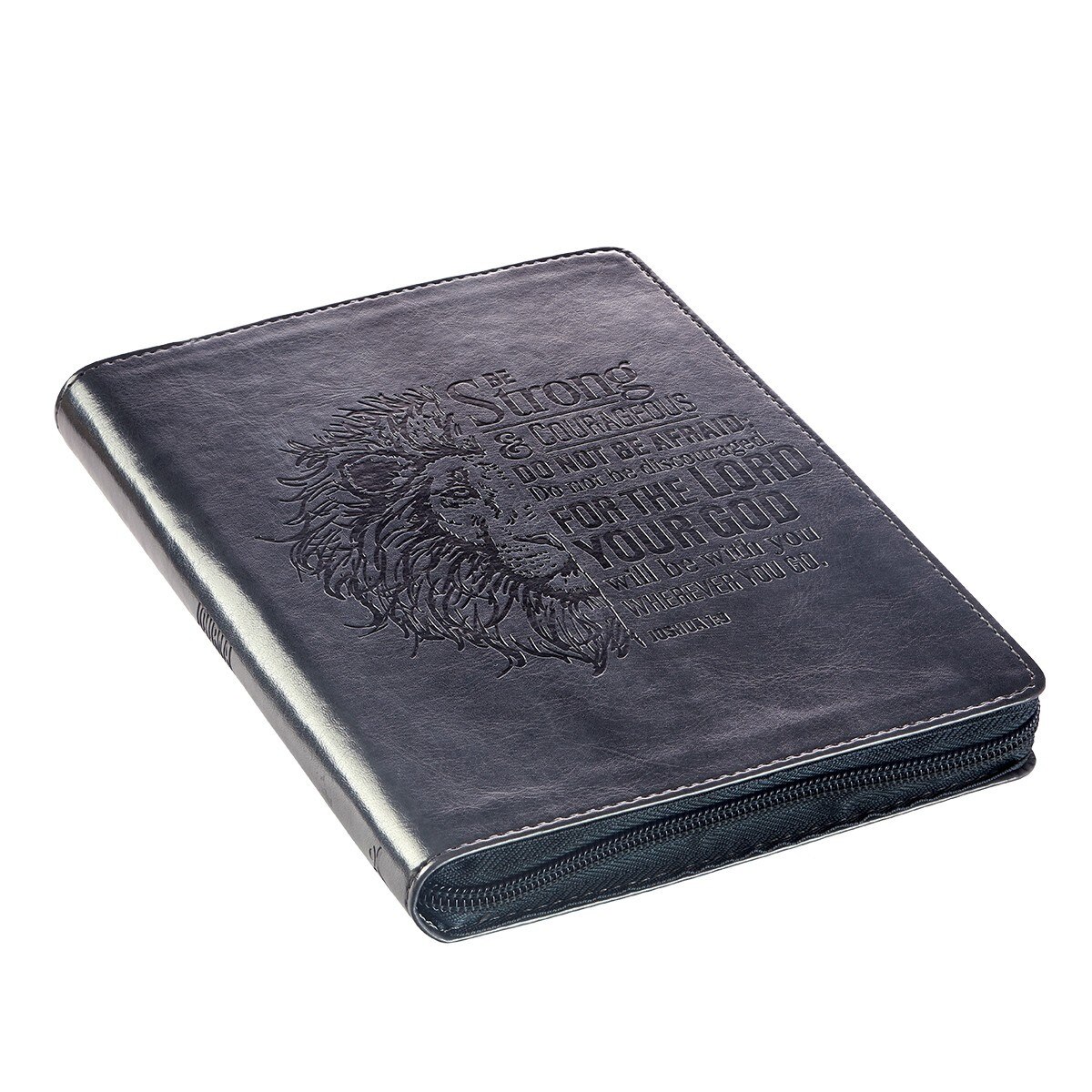 Be Strong and Courageous Classic Gray Faux Leather Journal with Zipper