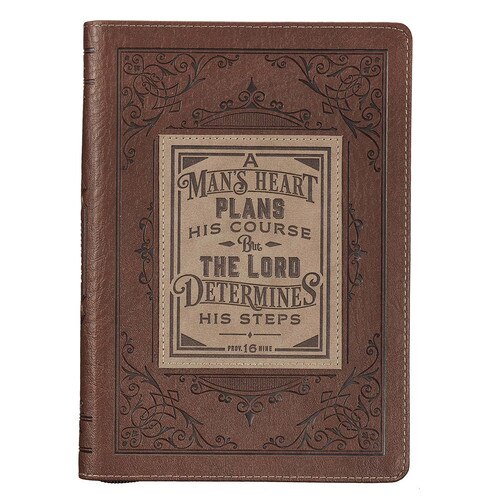 A Man's Heart Classic Faux Leather Zippered Journal in Brown - Proverbs 16:9