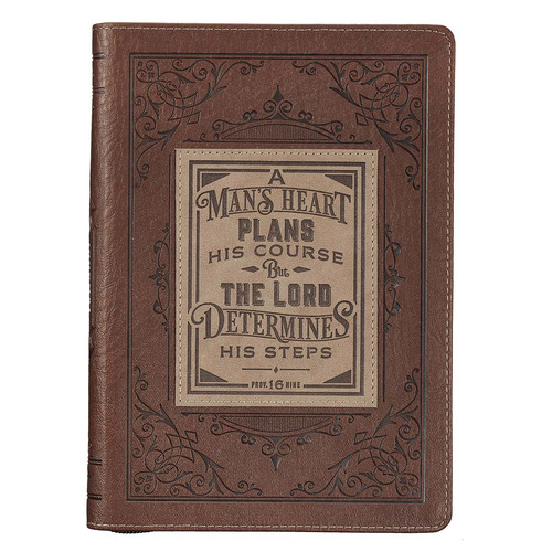 A Mans Heart Classic Faux Leather Zippered Journal in Brown - Proverbs 16:9