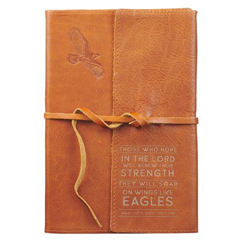 Wings of Eagles Saddle Tan Full Grain Leather Journal with Wrap Closure - Isaiah 40:31