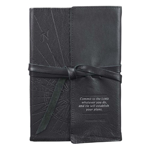 Commit to the Lord Black Full Grain Leather Journal with Wrap Closure - Proverbs 16:3