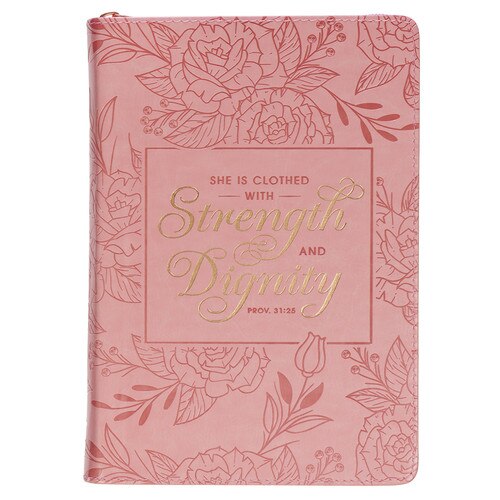 Strength and Dignity Peach Pink Faux Leather Classic Journal with Zipper Closure - Proverbs 31:25