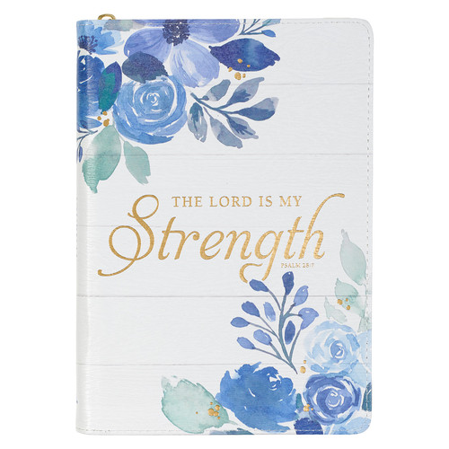 The Lord is my Strength Blue Floral Faux Leather Classic Journal with Zipper Closure - Psalm 28:7
