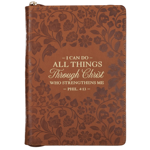 I Can Do All Things Through Christ Honey-brown Faux Leather Classic Journal with Zipper Closure - Philippians 4:13