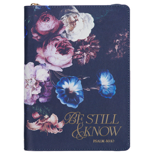 Be Still and Know Midnight Blue Floral Faux Leather Classic Journal with Zipper Closure - Psalm 46:10