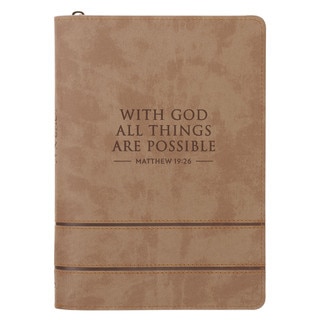 With God All Things Are Possible Tan Faux Leather Journal with Zipper Closure - Matthew 19:26