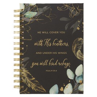 Find Refuge Black and Gold Feather Large Spiral Journal - Psalm 91:4