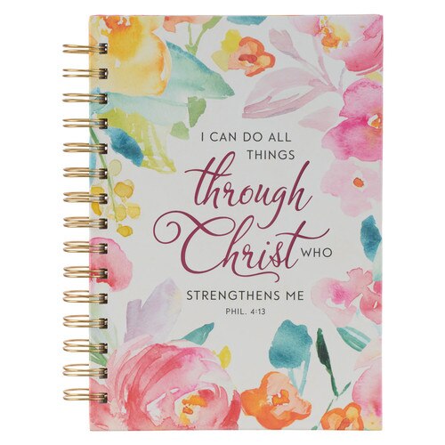 All Things Through Christ Multi-colored Floral Large Wirebound Journal - Philippians 4:13