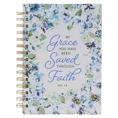 By Grace Blue Posies Large Wirebound Journal - Ephesians 2:8
