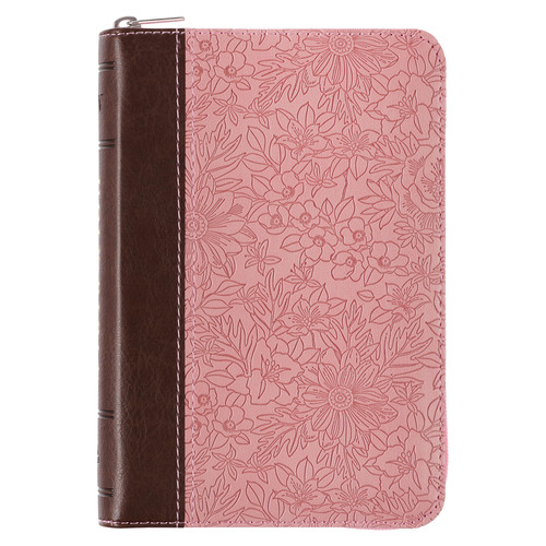 Pink and Saddle Tan Faux Leather Mini Pocket King James Version Bible with Zippered Closure