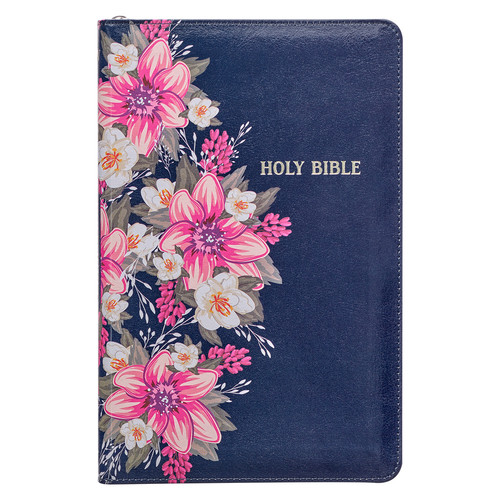 Floral Blue Faux Leather King James Version Deluxe Gift Bible with Thumb Index and Zippered Closure