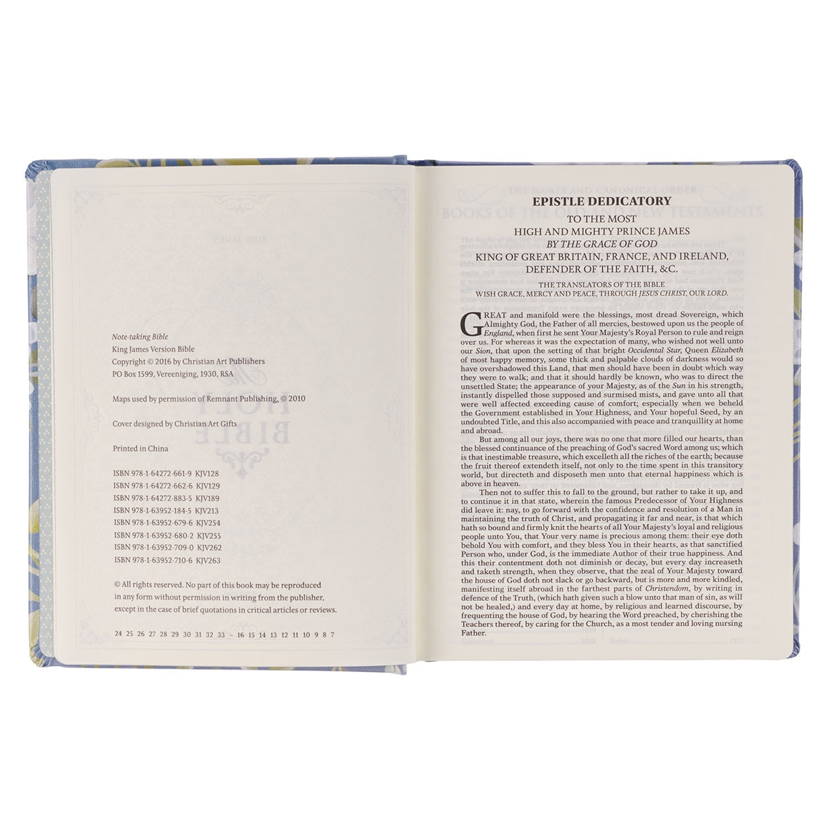 James Note Blue Floral Hardcover King James Note-taking Bible