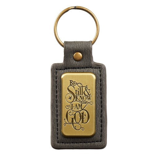Be Still and Know Gray Faux Leather Key Ring in Gift Tin – Psalm 46:10