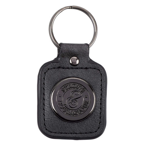 Strong and Courageous Black Faux Leather Key Ring in Tin - Joshua 1:9