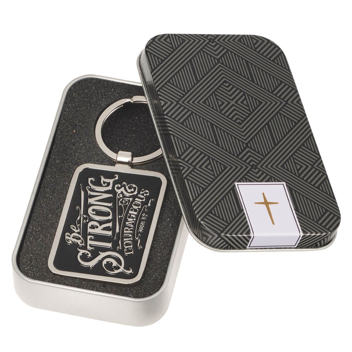 Be Strong & Courageous Black Metal Key Ring in Gift Tin - Joshua 1:9