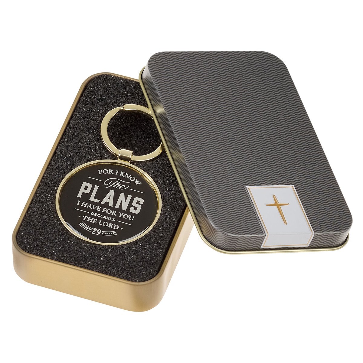 Plans Black Metal Keychain in Gift Tin - Jeremiah 29:11